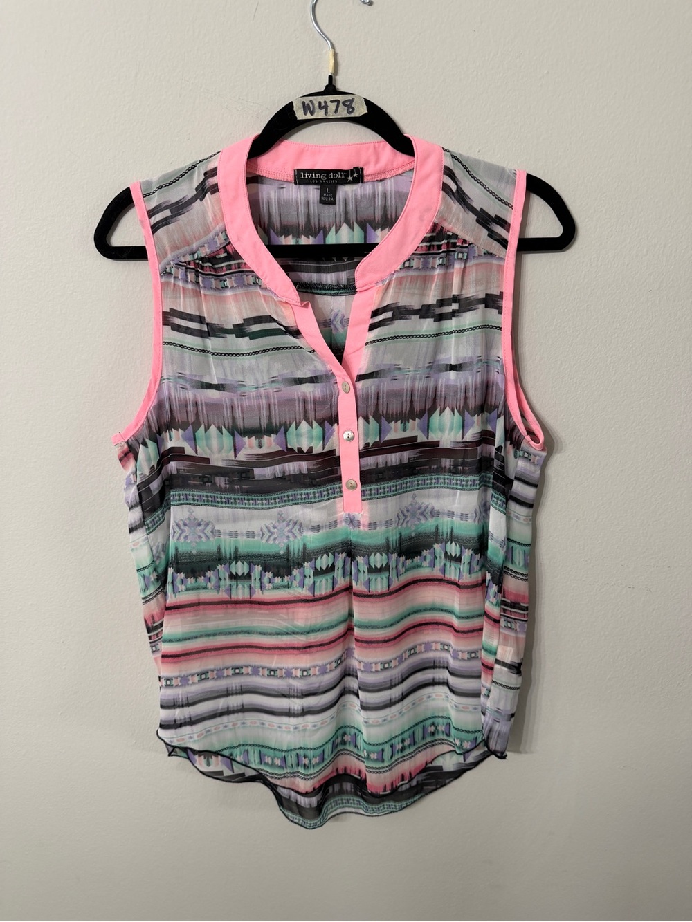 Women’s Living Doll Pink Southwestern Sleeveless Blouse Large Sheer